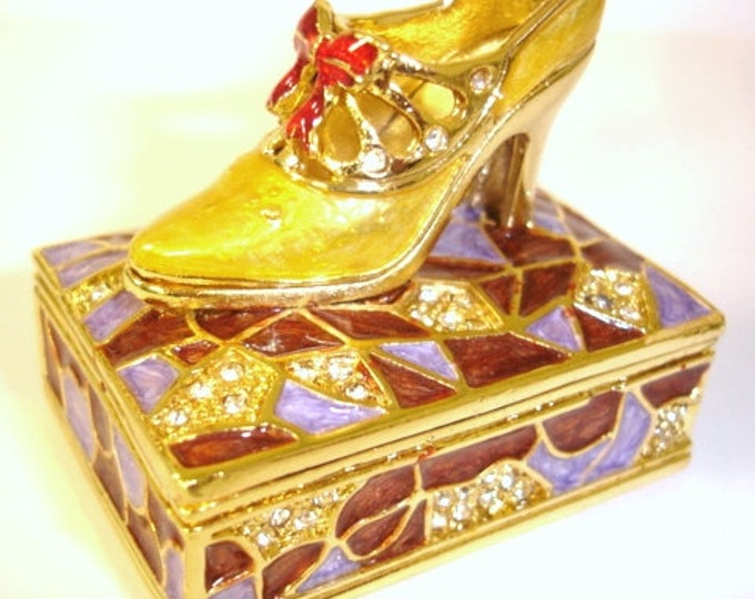 Bejeweled " High Heel Shoe " Hinged Metal Enameled Rhinestone Trinket Box