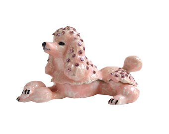 Bejeweled " Pink Poodle Dog " Hinged Metal Enameled Rhinestone Trinket Box