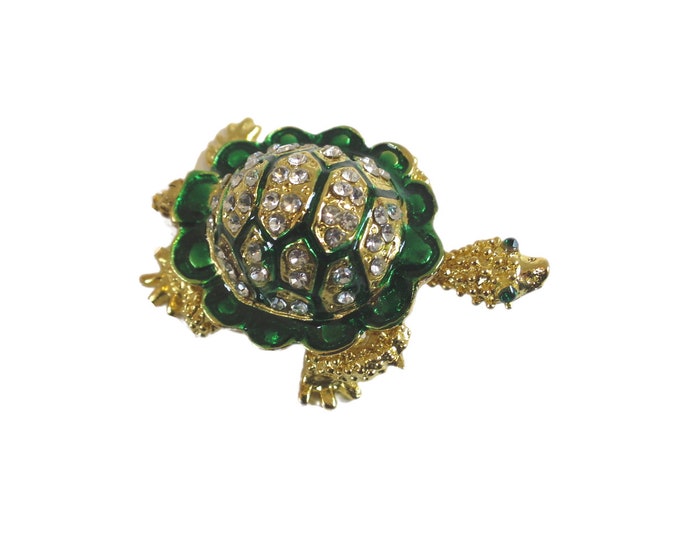 Bejeweled " Tiny Little Turtle " Hinged Metal Enameled Rhinestone Trinket Box