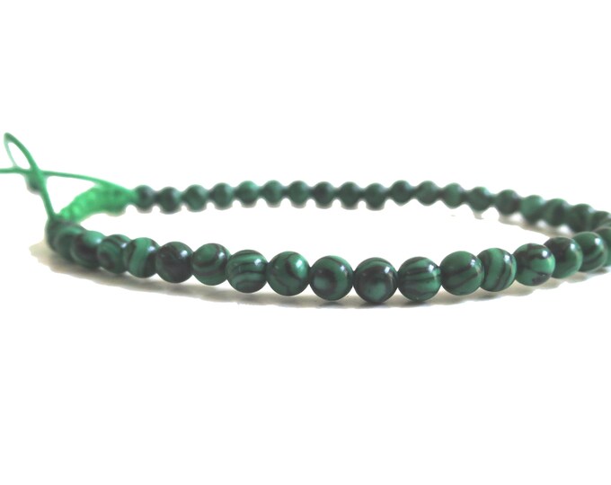 4mm Malachite Mini Bracelet w/ Knot, Green Malachite Adjustable, Teens kids, Stackable