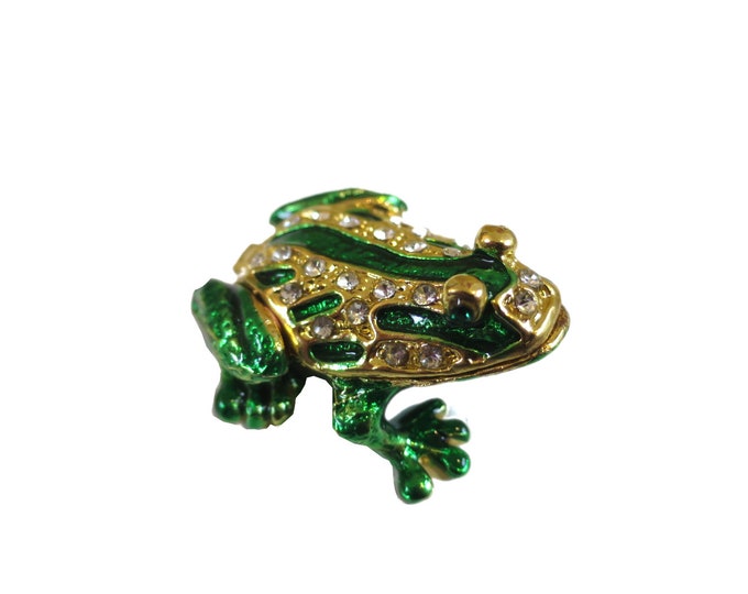 Bejeweled " Tiny Little Frog " Hinged Metal Enameled Rhinestone Trinket Box