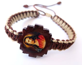 Jesus Christ Sacred Heart Knotted Rope Bracelet Handmade Red Color Wood Charm