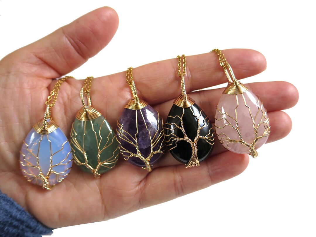 Crystal Pendant Necklace, Wired Teardrop Stone Pendant Necklace