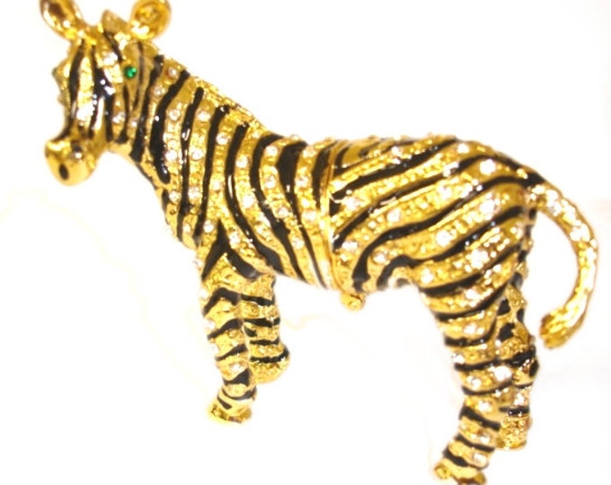 Bejeweled " Zebra " Hinged Metal Enameled Rhinestone Trinket Box