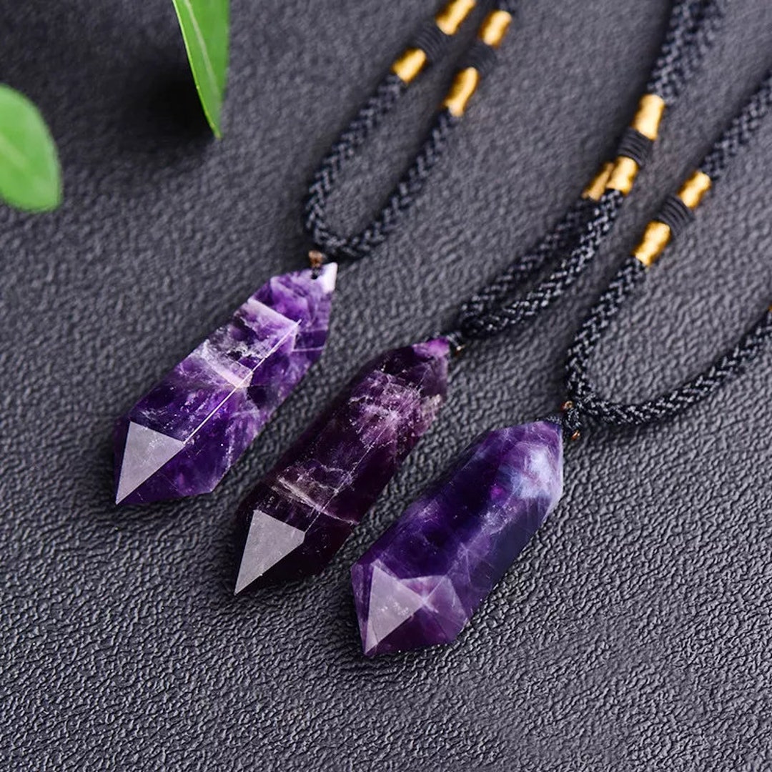Men's Crystal Necklace, Double Point Amethyst Necklace, Natural Stone