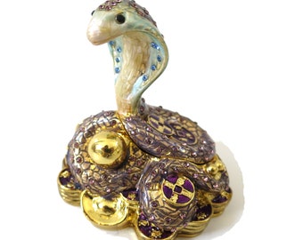 Bejeweled " Cobra Snake " Hinged Metal Enameled Rhinestone Trinket Box