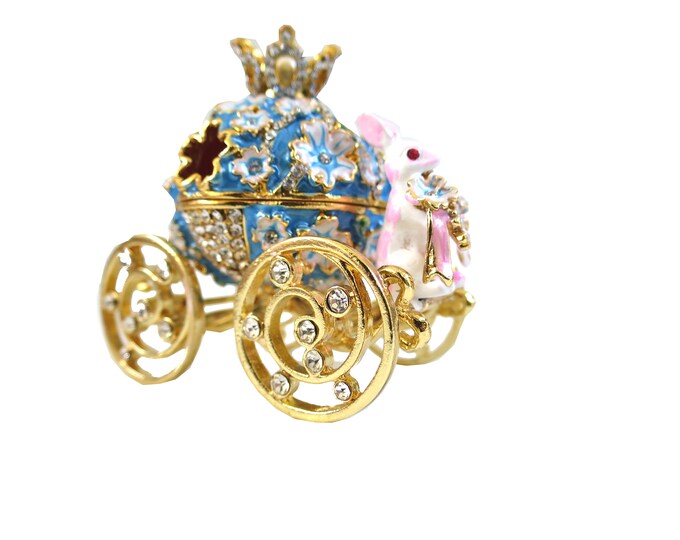 Bejeweled " Cinderella Wedding Carriage Rabbit Driver " Hinged Metal Enameled Rhinestone Trinket Box