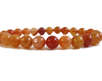 6mm - 8mm Fire Agate Power Bracelet | Red Orange Fire Agate " Stone of Hero, Courage"  Elastic stretchy, men women