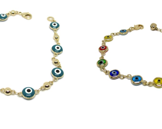 14K Gold Evil Eye Charm Bracelet | Gold Enamel Evil Eye Protection Link Chain Adjustable, 8" (Multicolor blue)