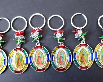 12 pc Enameled Virgin De Guadalupe Keychain, Baptism First Communion Religious Party Favors gift