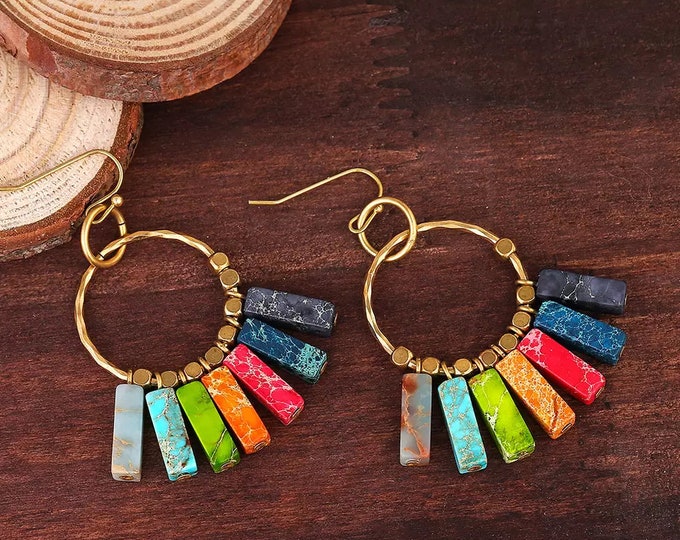 Bohemian Sea jasper Earrings, Rainbow Chakra Earrings, Dangling Earrings, Anxiety Relief gift for her