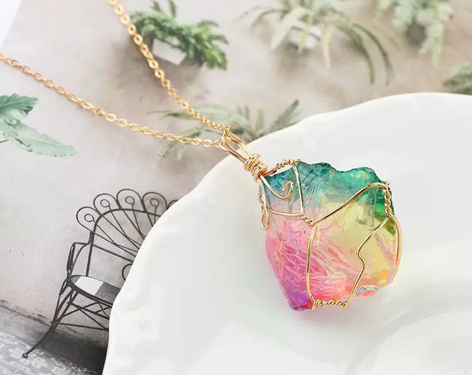 Rainbow Quartz Necklace, Irregular Raw Stone Crystal Pendant Necklace, Wire Wrap Gemstone Jewelry, Healing Crystals