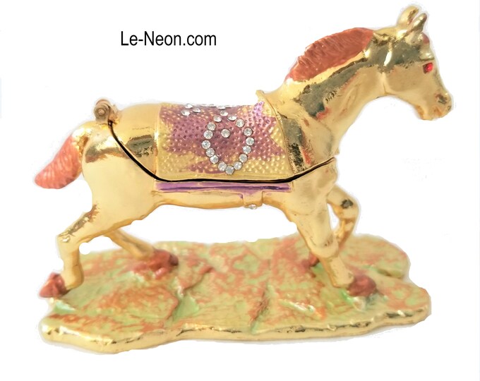 Bejeweled " Running Horse " Hinged Metal Enameled Rhinestone Trinket Box