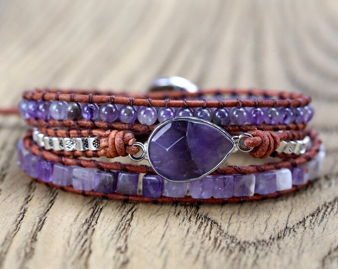 Purple Amethyst Multilayer Wrap Bracelet, Natural amethyst teardrop Gemstone Bracelet, Leather Wrap