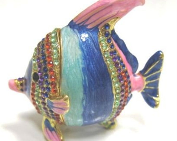 Bejeweled " Blue pink Tropical fish " Hinged Metal Enameled Rhinestone Trinket Box