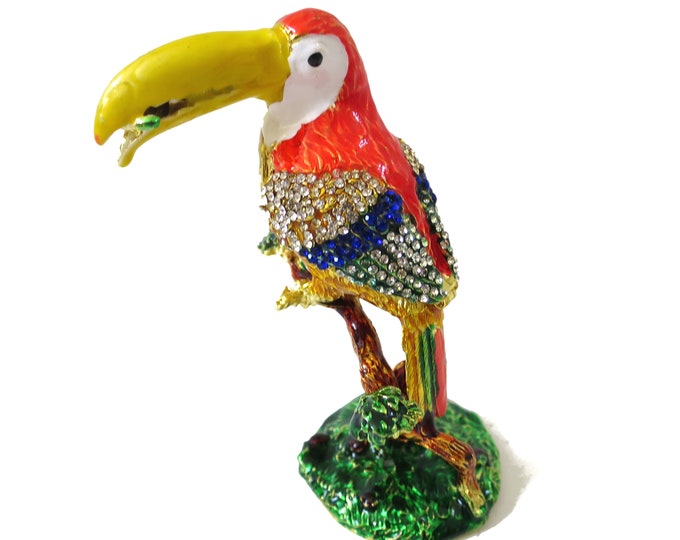 Bejeweled " Toucan the Big Mouth Bird " Hinged Metal Enameled Rhinestone Trinket Box