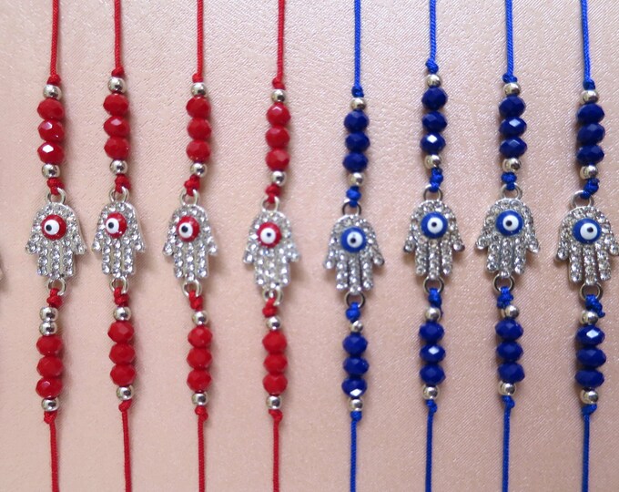 6 x Colorful Hamsa Evil Eye Bracelets, Adjustable Cord String Bracelet, Lucky Charm Protection Party Favors, bulk wholesale lot