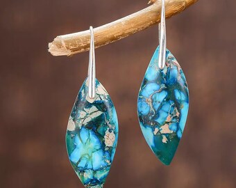 Blue Sea Sediment Jasper Earrings, Geometric Leaf Shape Earrings Natural Stone, Crystal Dangle Earrings