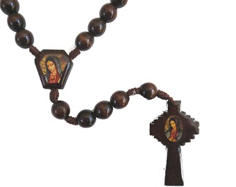 Virgin De Guadalupe Rosario, Guadalupe Rosary Necklace Wood Beads Charm Cross, Knotted Rope Men's Prayer Beads