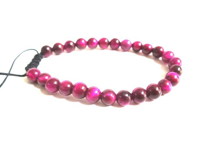 6mm  - 8mm Pink Tiger's Eye Crystal Bracelet w Knot, Natural Rose Pink Gemstone, Adjustable
