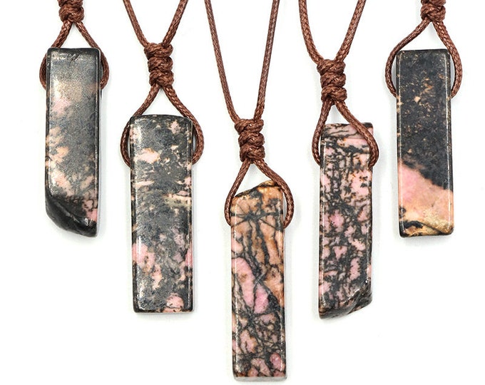 1 Rhodonite Raw Stone Bar Pendant Necklace, Rose Stone Irregular Rectangle Rope Knotted Necklace, Man Mens