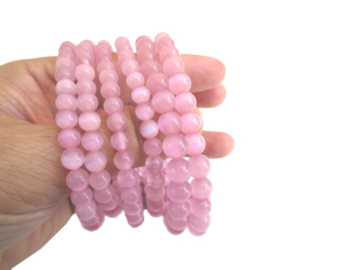6mm - 8mm Pink Cat Eye Bracelet, Beaded Bracelet, Good Luck & Prosperity Bracelet, Elastic stretchy women