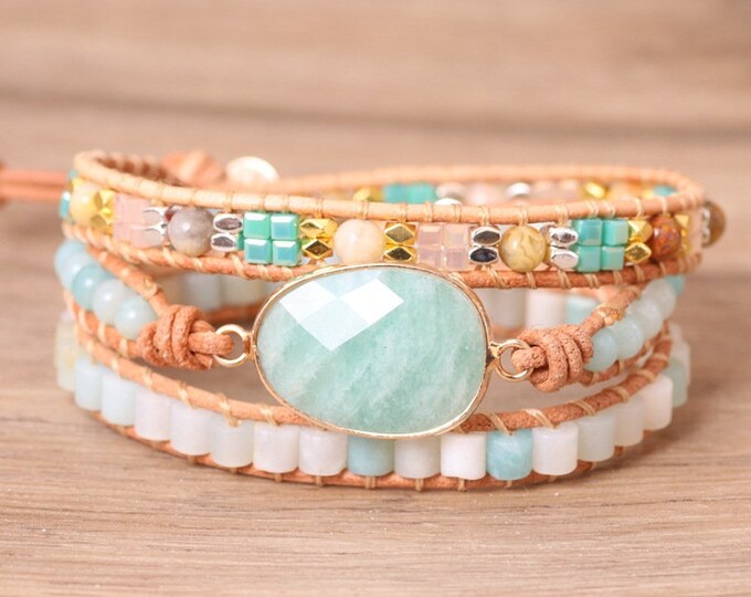 Blue Amazonite Stone Multilayer Wrap Bracelet, Natural Gemstone Beaded Bracelet, Leather Wrap Bracelet