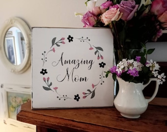 Mom Wood Sign 11" x 11.25", Floral Wreath, Mother's Day Gift