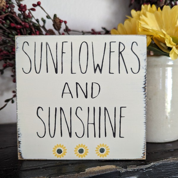 Sunflowers and Sunshine Mini Square Sign, Tiered Tray Decor Sign, Spring Shelf Sitter Sign, Farmhouse Country Decor Wood Sign