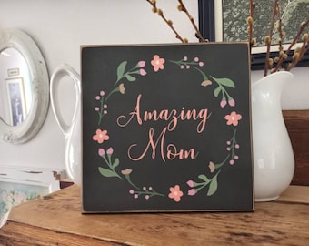 Mom Wood Sign 10.5" x 10.25", Floral Wreath, Mother's Day Gift