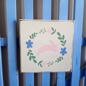 Happy Easter Bunny Rabbit Sign,  Spring Wreath Flower Sign, Nursery Child Baby Sign, Made To Order Hand Painted Wood Sign