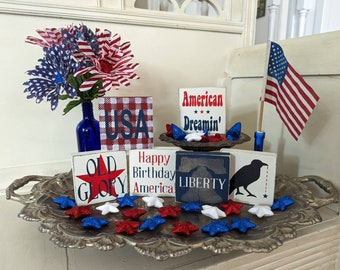 4th of July Tiered Tray Decor, Patriotic USA Mini Wood Blocks, Americana Decor,  Handmade Wood Sign
