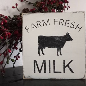 Farm Fresh Milk Mini Square Kitchen Decor Sign, Tiered Tray Shelf Sitter Country Cow Sign, Farmhouse Made To Order Hand Painted Wood Sign