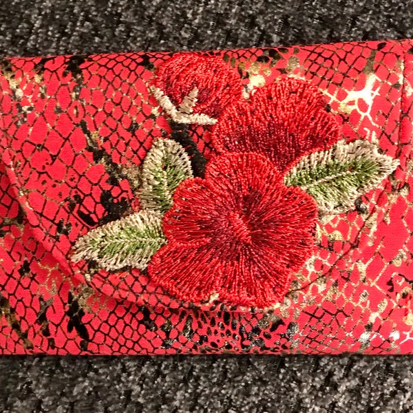 Red change purse. Accordion style. Handmade. Choice of red reptile, beige coffee, or pink floral.
