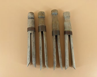 4 Vintage Wooden Pegs with Metal Copper Bands - Dolly Pegs Clothes Pegs Pins