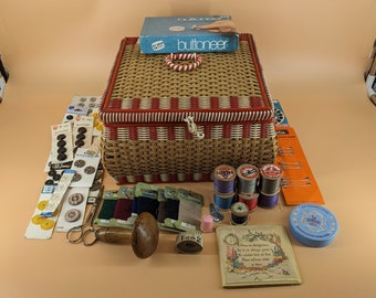 Vintage Sewing Basket & Contents - Scissors, Buttons, Needles, Thread, Pins, Hooks etc