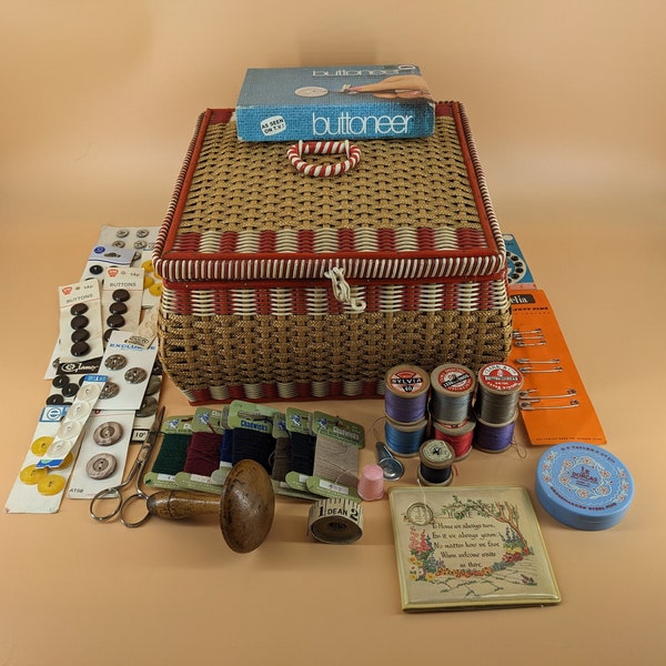 Vintage Sewing Basket & Contents - Scissors, Buttons, Needles, Thread, Pins, Hooks etc