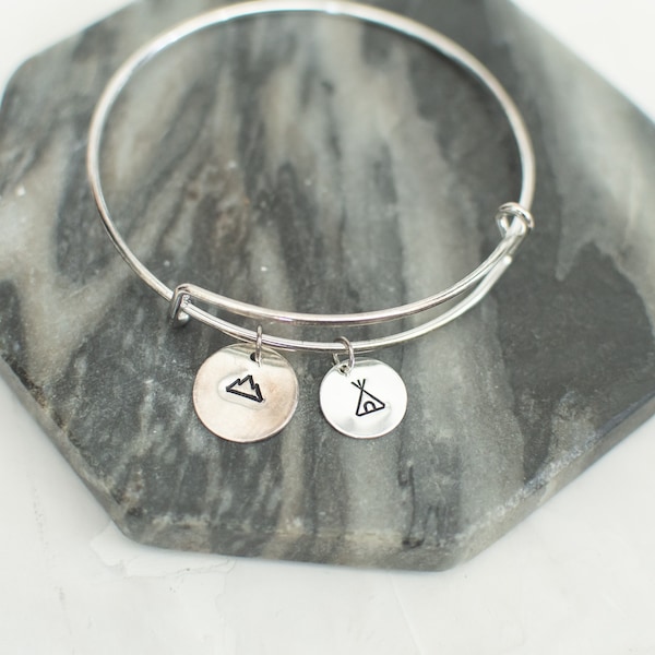 Mountain Dweller Bangle, Outdoor Jewelry, Hand-stamped, Teepee, Mountains, Adventure, Explore More, Rustic, Teepee, Bangle, Bangle Bracelet