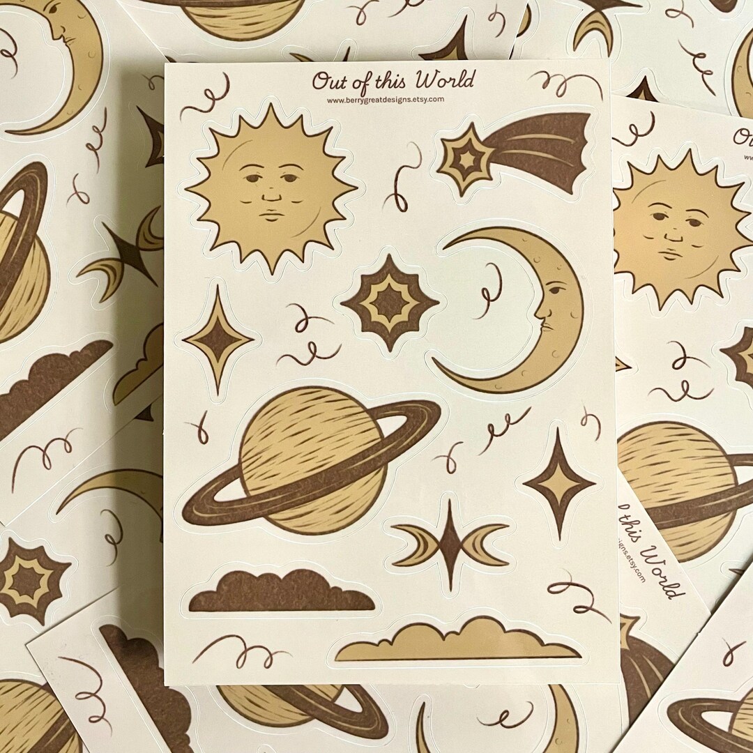 Retro Celestial Sticker Sheet, Vintage Sun Moon Planet Vinyl Decal ...