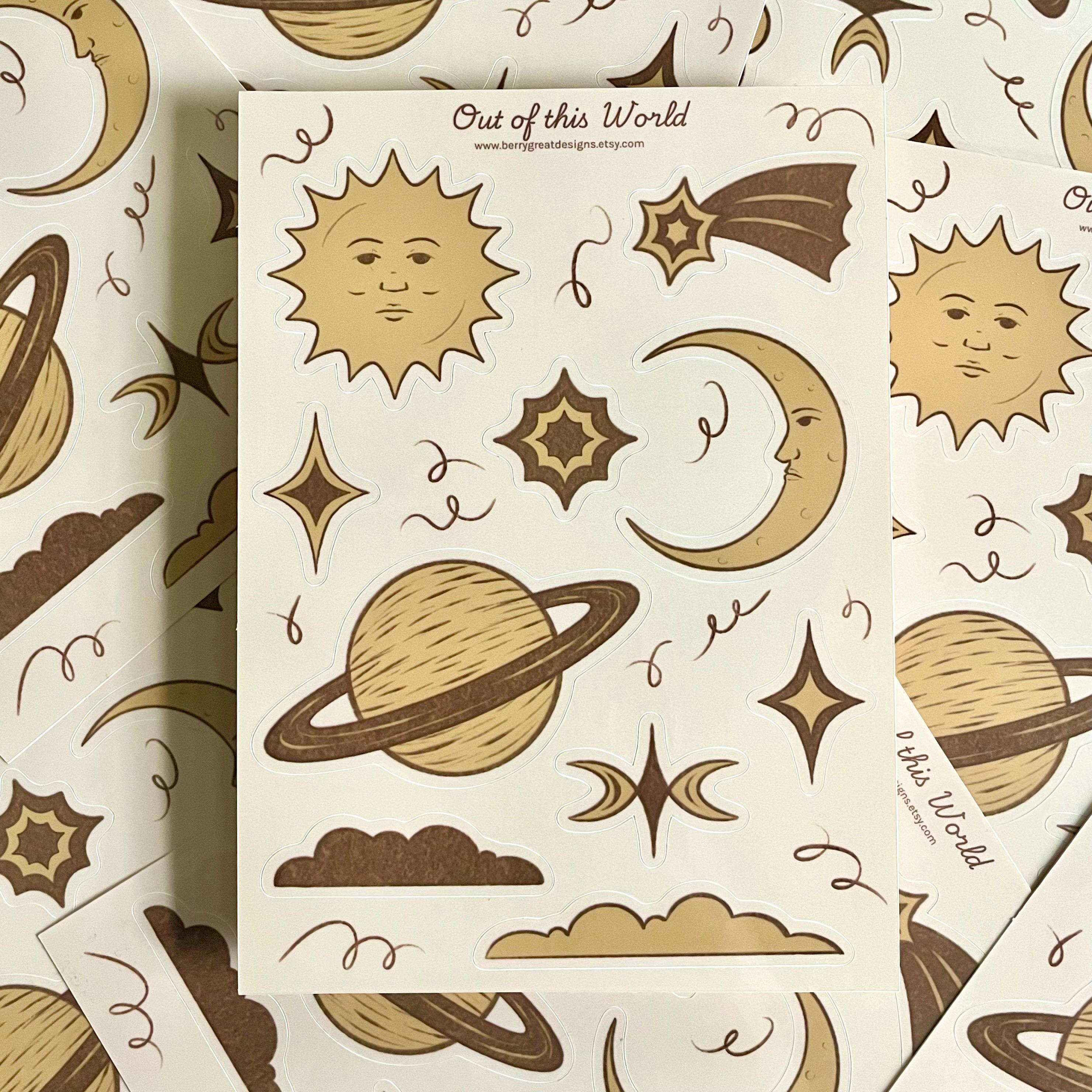 Retro Celestial Sticker Sheet, Vintage Sun Moon Planet Vinyl Decal ...