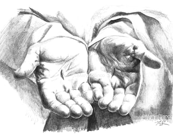 Puede incluir: Un dibujo a lápiz en blanco y negro de dos manos con las palmas hacia arriba, como si ofrecieran algo.