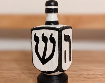 Two-toned Hand-Painted Dreidel - Black and White Hand-Painted Wooden Dreidel - Judaica - Hanukkah Gift - Hanukkah Decor