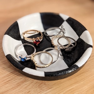 Hand-Painted Checkerboard Trinket Dish: Black and White Jewelry Display
