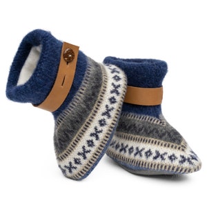 May include: A pair of blue and gray knitted baby booties with brown leather straps and a button detail. The booties have a white and gray geometric pattern.