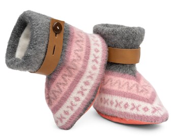 Handmade Polar Fleece Baby Booties: Pink & Grey, Adjustable Strap