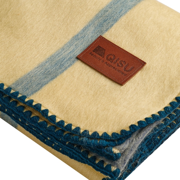 ALPACA WOOL BLANKET | Wool Throw | Beautiful, Ultra-Soft, Hypoallergenic, Breathable | 85x65" |  Camel & Blue Stripe (Many Colors available)