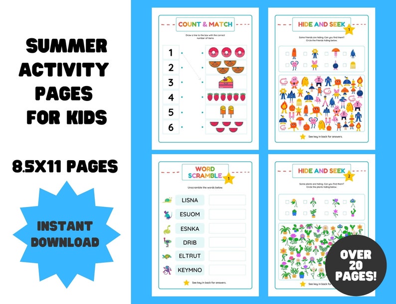 Printable Summer Activity Pages for Kids Digital Download - Etsy