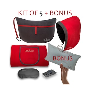 May include: A travel kit with a gray neck pillow, red blanket, eye mask, and a bonus inflatable pillow. The kit includes a red hood and a small pouch with carabiner. The text "KIT OF 5 + BONUS" is at the top.
