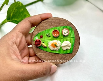 Hand-sculpted Polymer Clay South Indian Thali Fridge Magnet, Banana Leaf Meal Miniature