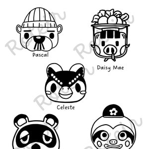 May include: Black and white line art featuring five character faces from the Animal Crossing video game series. The characters include Pascal, Daisy Mae, Celeste, Tom Nook, and Leif. The text "Animal Crossing Familiar Faces 1 1/1" is at the bottom.